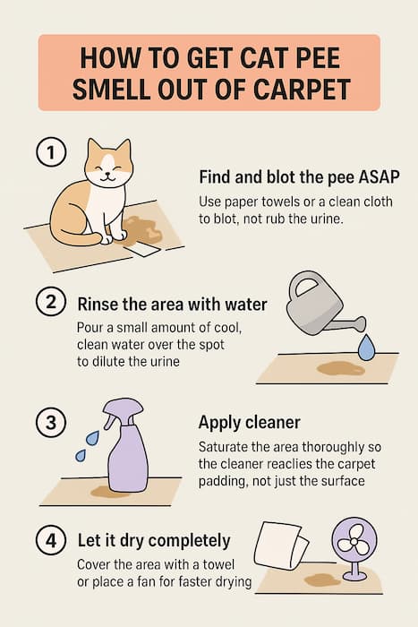 infograph shows stages of removal cat pee odor from carpet